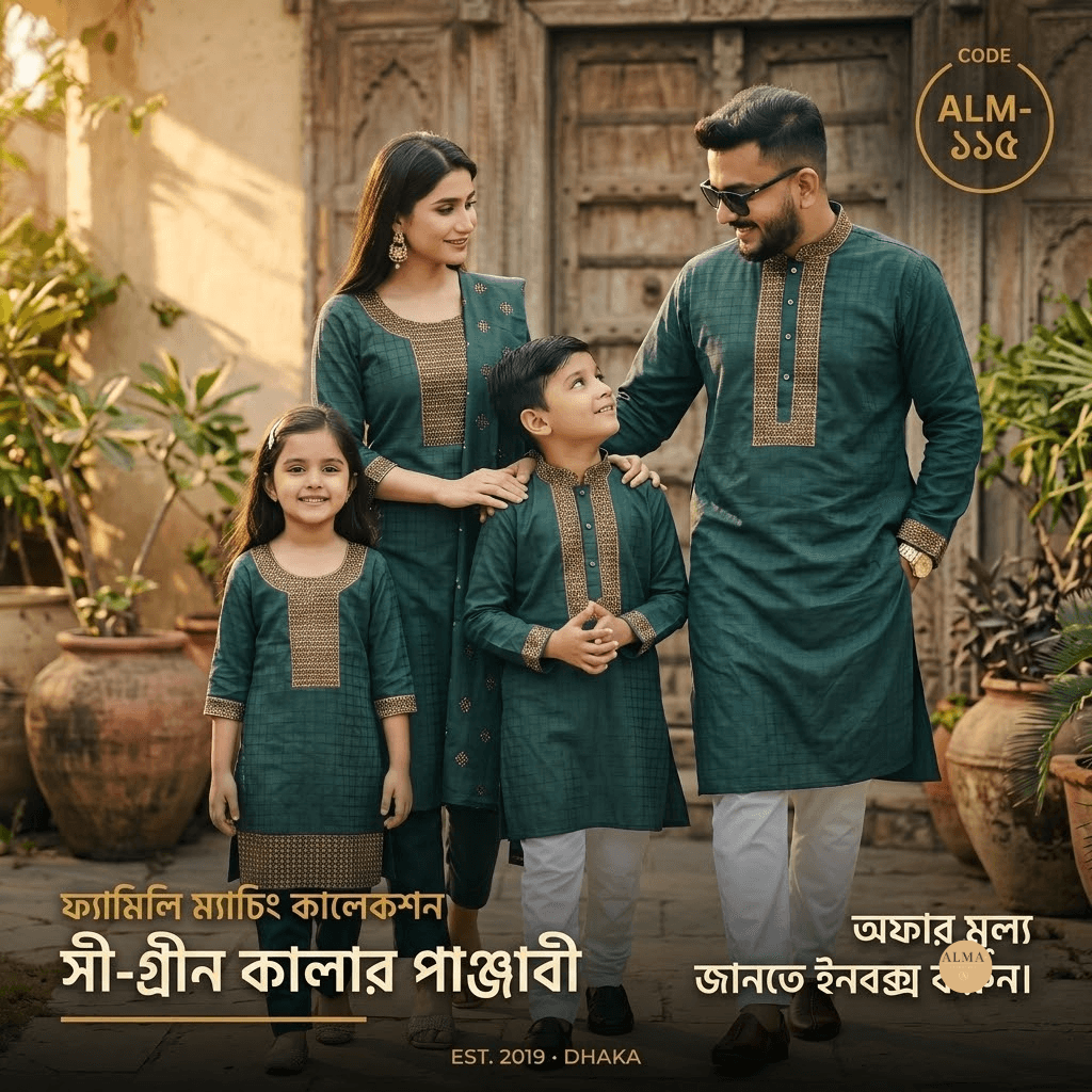 Product Code: 115 সী-গ্রীন কালার থ্রি-পিস, পাঞ্জাবী — ALMA Lifestyle